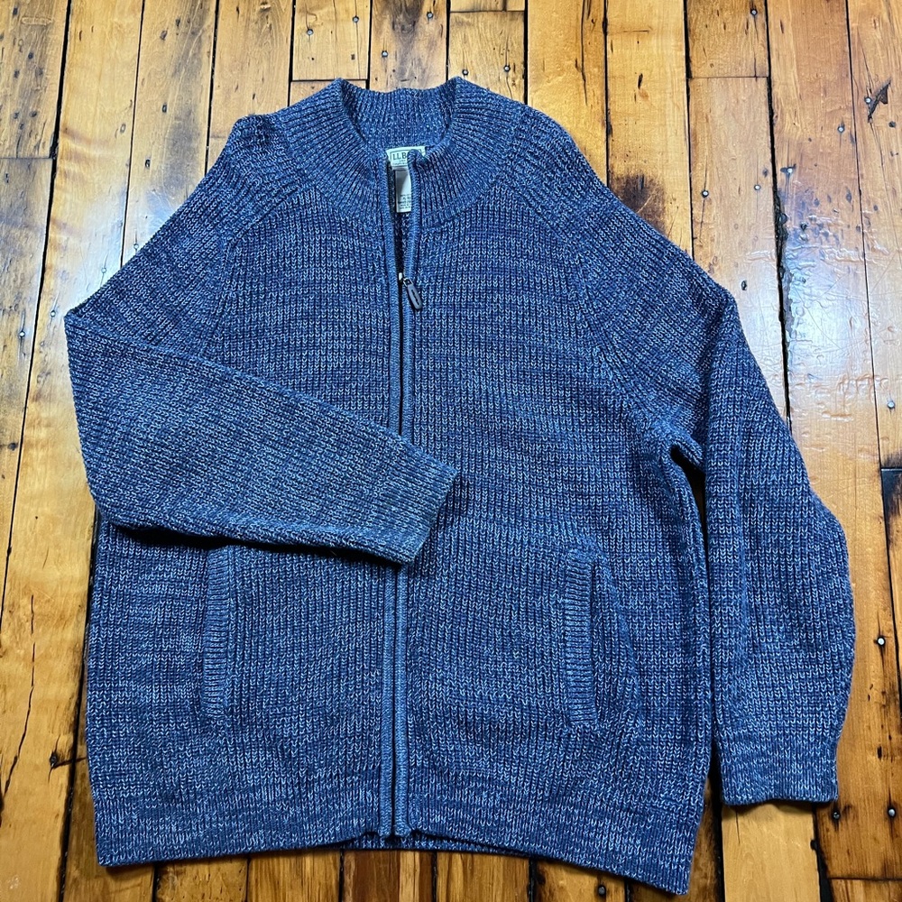 LL Bean Men's CL Full Zip Heavy Cotton Blue Cotton Sweater Knit Chunky Fisherman